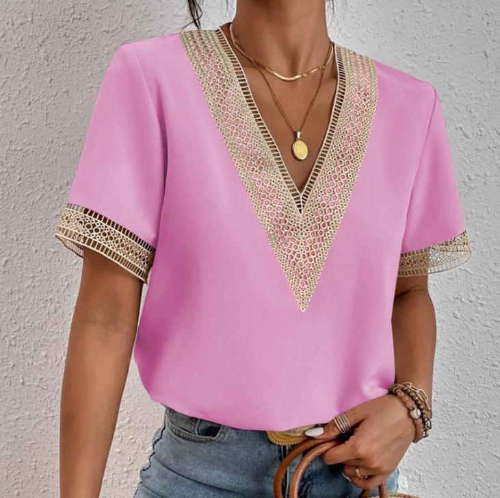 Plus Size Women's V Neck Lacework Loose Top Short Sleeve Casual T-Shirt Woman Blouses & Shirts