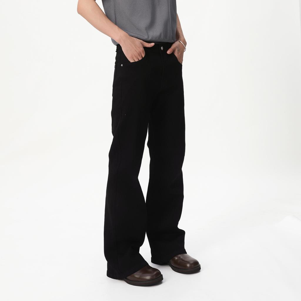 | Black Washed Retro Bootcut Straight Slim Solid Color Denim Trousers
