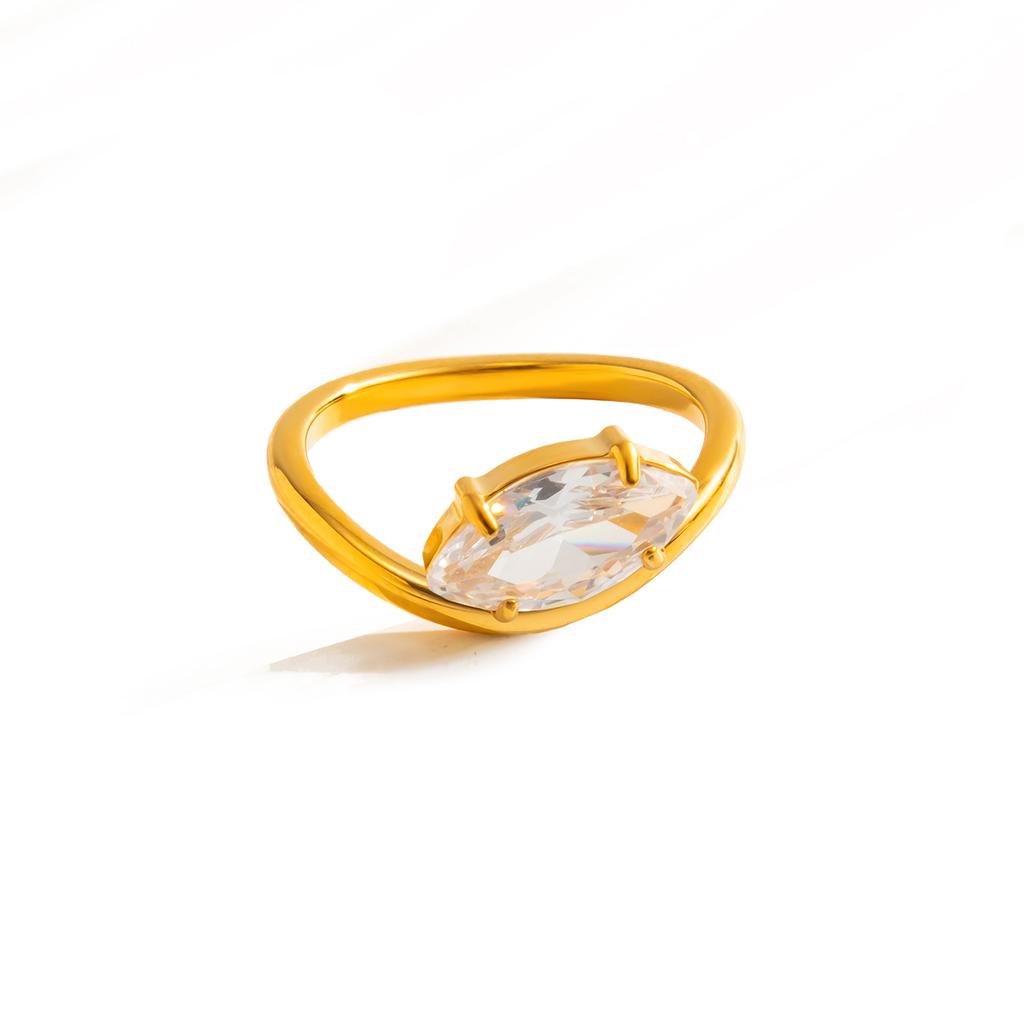 Salircon Shiny Luxury Glass Rhinestone 18K Gold Plated Stainless Steel Ring Wed Bridal Banquet Accessory Waterproof Jewelry New
