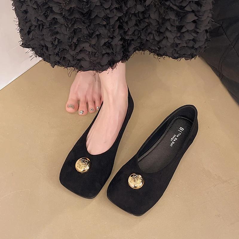 Fashion Women's Mary Jane Shoes Cow Suede Square Toe Metal Decoration Women's Flat Shoes Dress Shallow Mouth Concise Zapatillas De Mujer