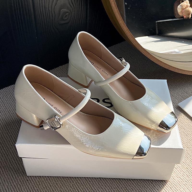 Fashion Genuine Leather French Square Toe Thick Mid Heels Shallow Mouth Mary Jane Shoes Women Pumps Office Career Small Leather Shoe