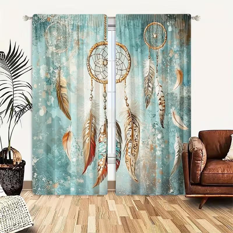 

Retro Dreamcatcher Print Curtains Suitable Bedroom Living Room Kitchen Decoration Home Window Set Of 2 Made Polyester Decor W100*H70(CM)-Grommet top&1PCS