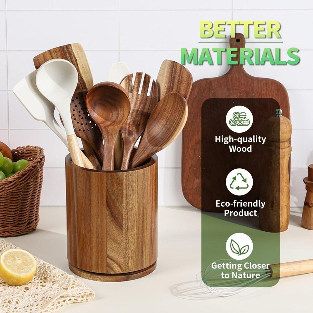 360° Rotating Cutlery Holder Wooden Storage Rack New Kitchen Utensil Holder  Countertop Use