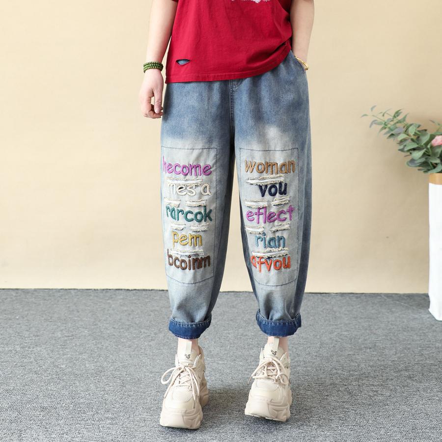 

DIMANAF 2025 Большие размеры Летние женские шаровары с вышивкой Повседневные эластичные базовые однотонные свободные брюки с высокой талией XL