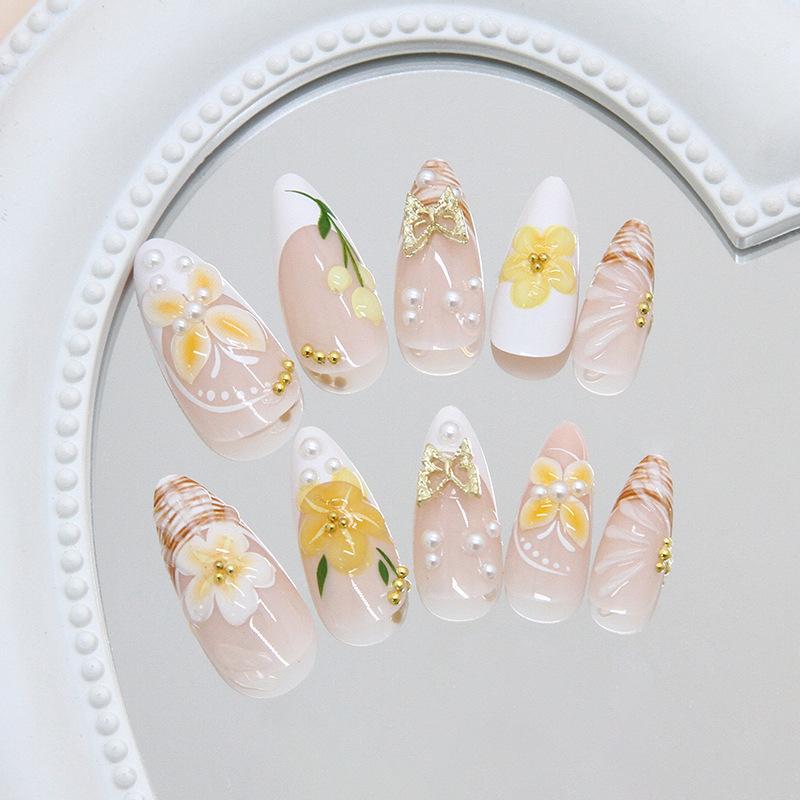 Three-dimensional milk yellow French pearl golden bean butterfly lily of the valley wild temperament ins wind removable wearing armor 24 pieces