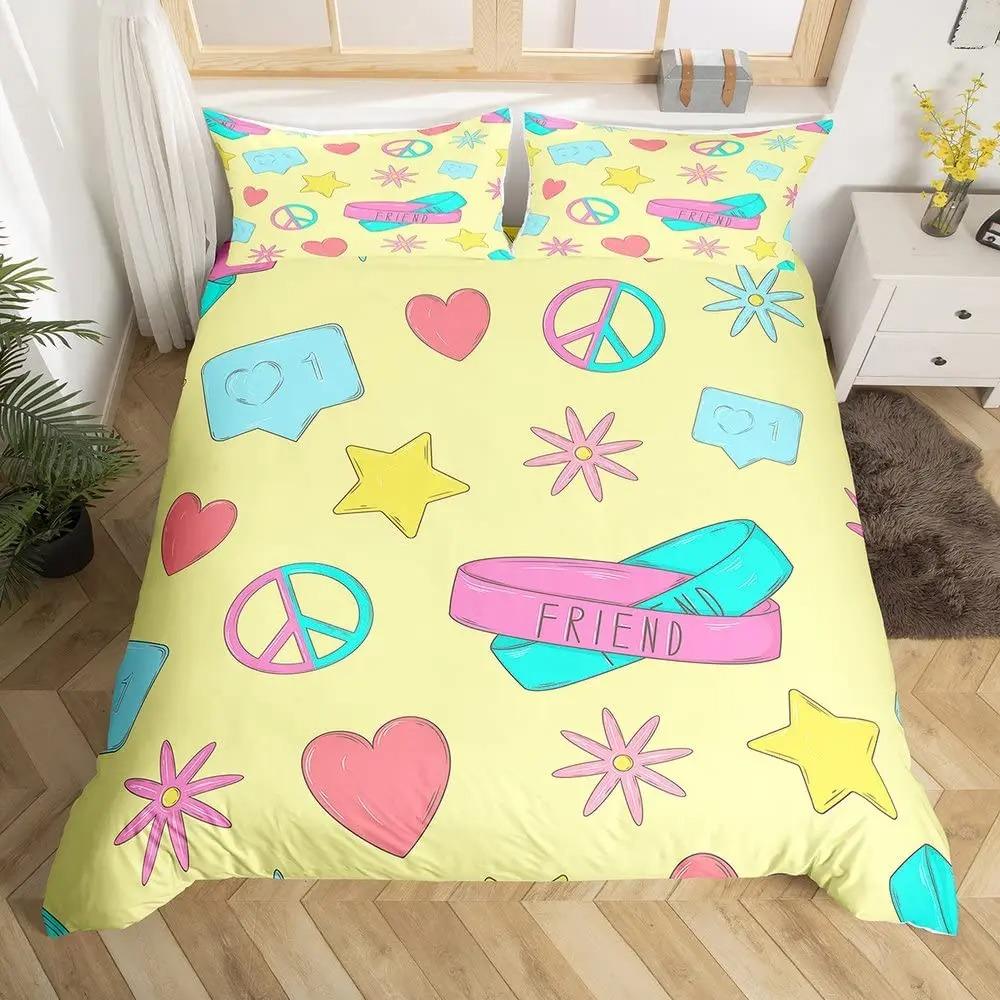 Peace Symbol Duvet Cover Set for Kids Boys Girls,Happiness World Bedding Set 3 Pcs,Queen Size,Green Brown Red Soft Bedroom Decor