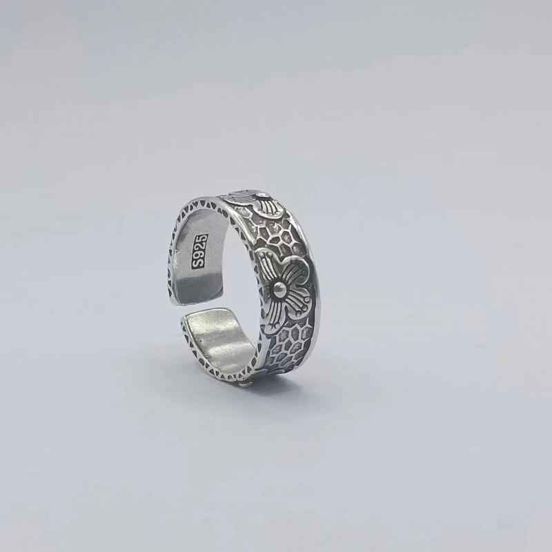 Handcrafted Sterling Ring With Cherry Blossom Motif Vintage Hammered Texture Adjustable Unisex Band
