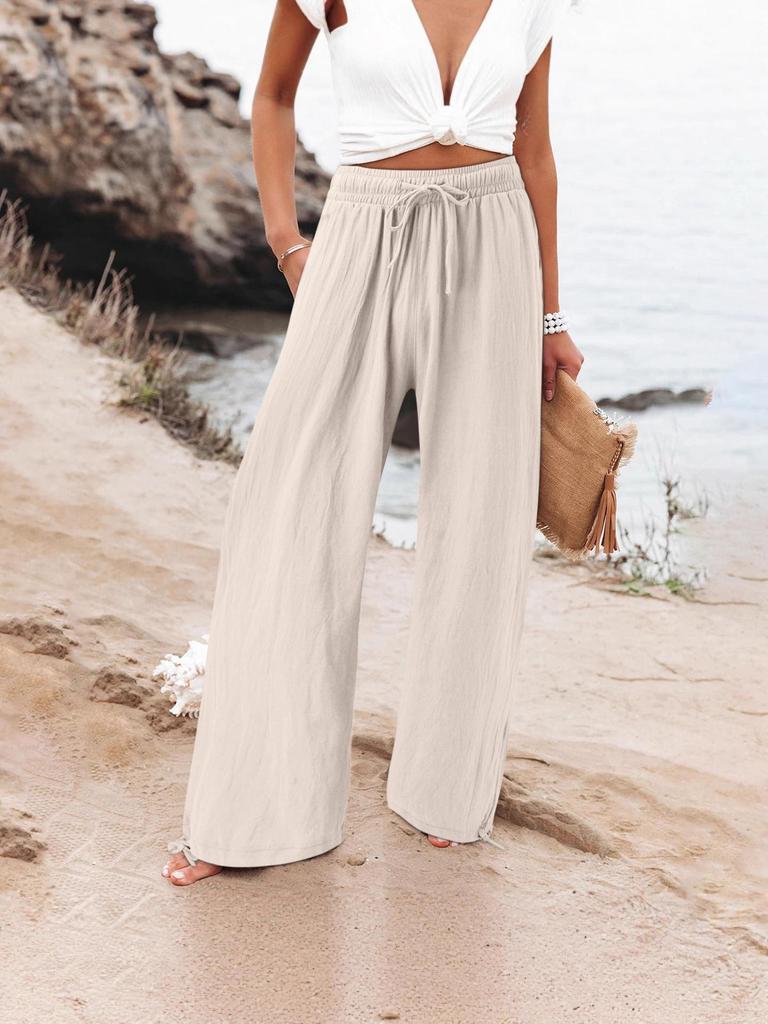 Bohemian Solid Color Drawstring Beach Pants - New Loose Casual Trousers
