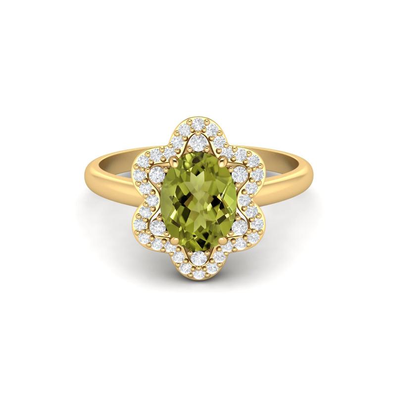 8X6MM Oval Peridot Gemstone 925 Sterling Silver Gold Plated Solitaire Halo Women Engagement Ring
