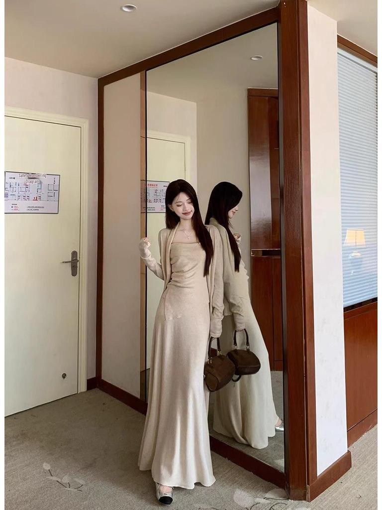 Gentle Style Women's Camisole & Cardigan Set with High-Waist Mermaid Skirt - Autumn/Winter Solid Colors