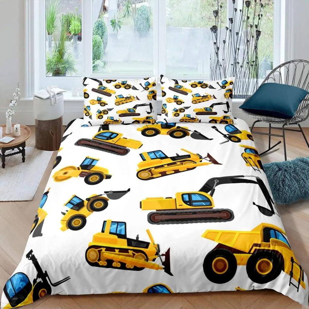 Excavator King Queen Duvet Cover Cartoon Construction Truck Bedding Set for Kids Boys Girls Tractor 2/3pcs Polyester Quilt Cover
