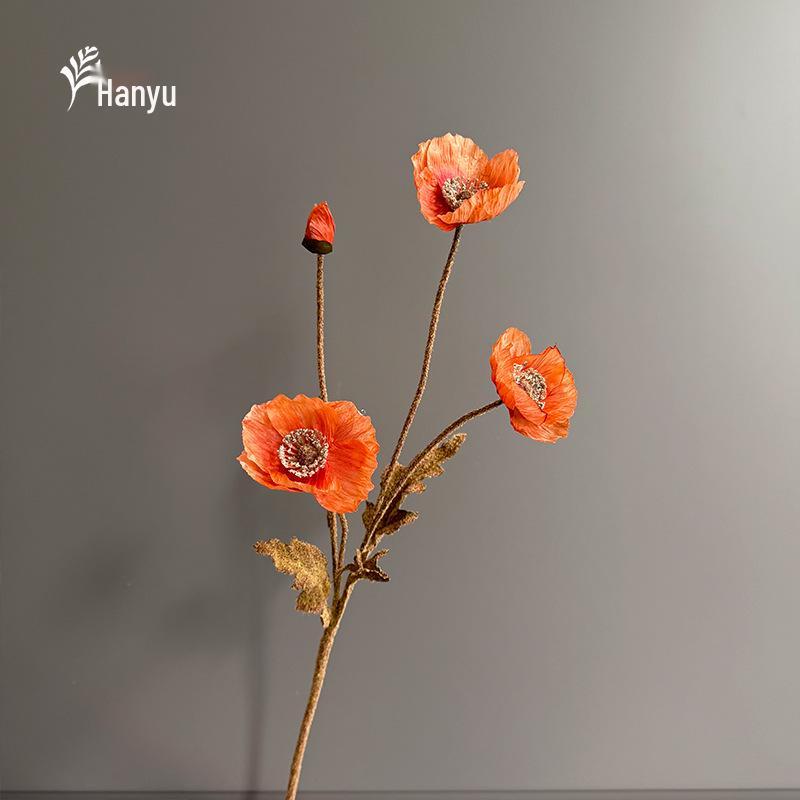 Autumn Poppy Flocked Artificial Flowers for Wedding and Home Decor