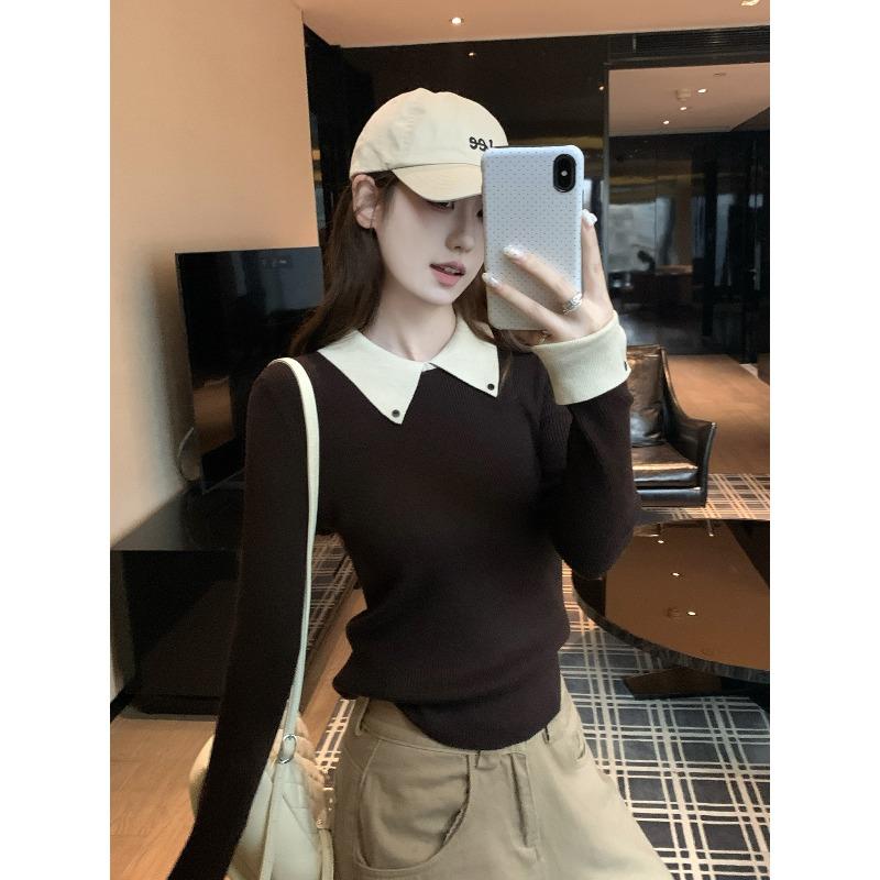 Contrasting color fake two-piece olo lapel knitted sweater women's autumn and winter slim-fitting long-sleeved front shoulder inner top sweater