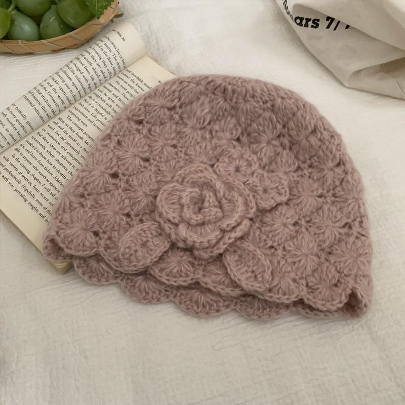 Women Japanese Style Hollow Flower Knit Beanie Autumn Winter Warm Hat