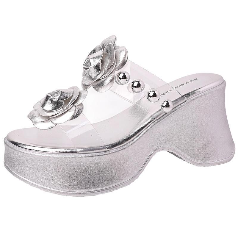 Design Sense Transparent with Flower Pearl Slippers Women's Summer Fashion Casual Thick Bottom Slope Heel Cool Slippers Tide