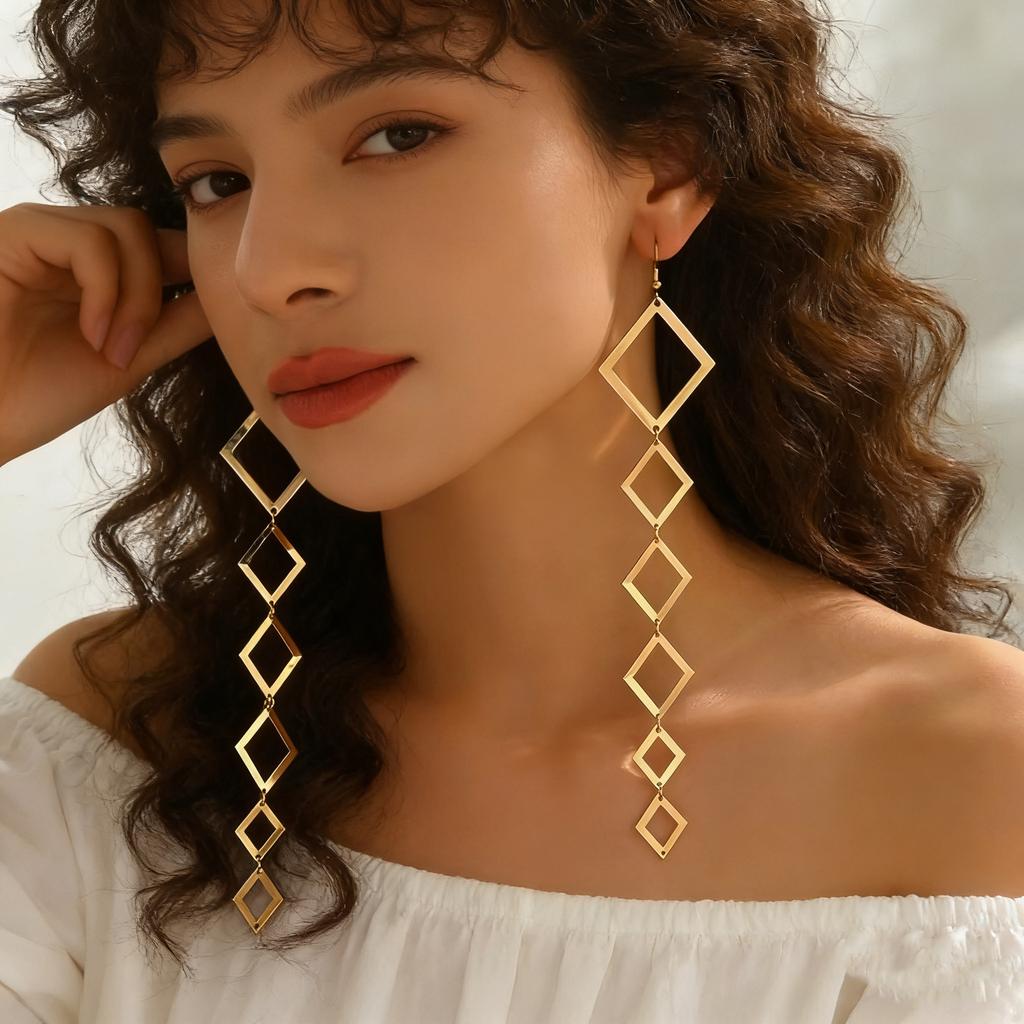 Women's Multi-Layer Openwork Drop Earrings Long Dangle Gold Yellow