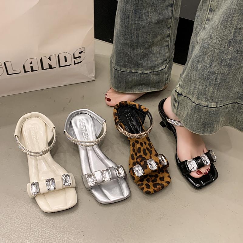 New Style Slippers Summer Square Head Shallow Mouth Crystal Metal Buckle Transparent Strap Non-slip High-heeled Sandals