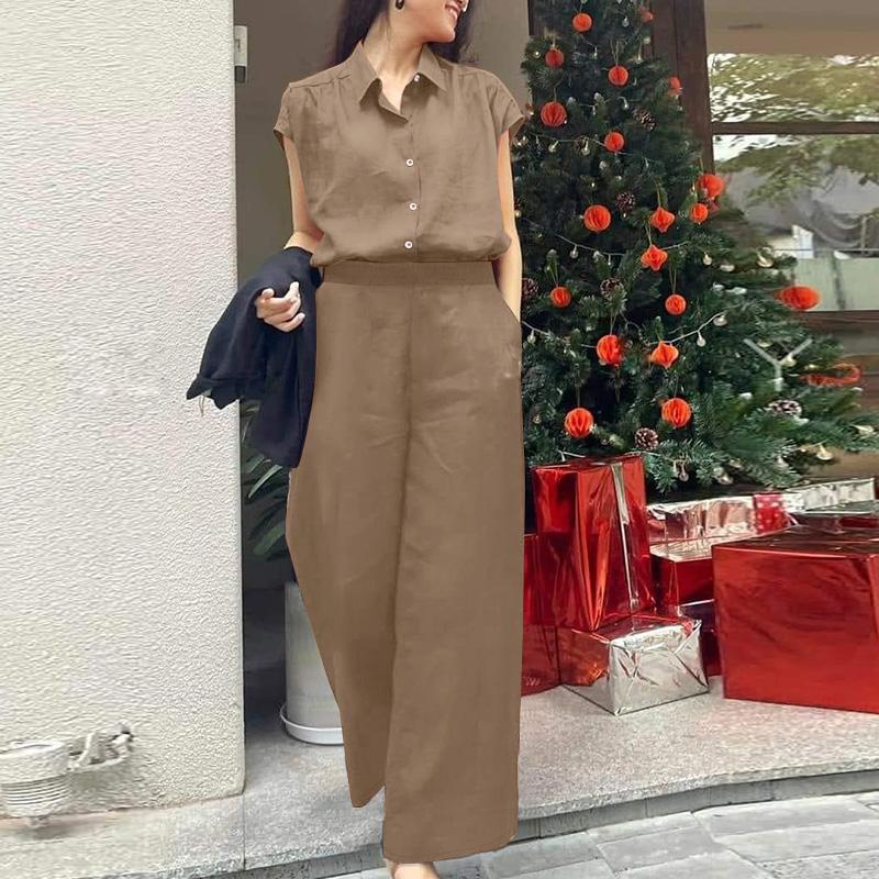 

ZANZEA Женская блузка с короткими рукавами и брюки повседневные комплекты из двух предметов M