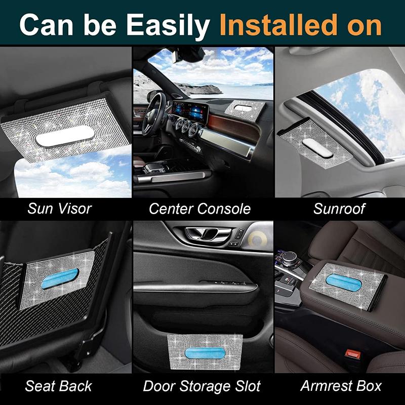 Bling Rhinestone PU Leather Car Sun Visor Tissue Box Holder Case Clip Backseat Tissue Case Auto Interior Accessories for Women