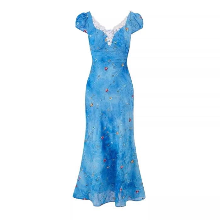 Capri Blue French Seaside Lace Patchwork Slim-fit Dress - Women s Summer Style Extra Large