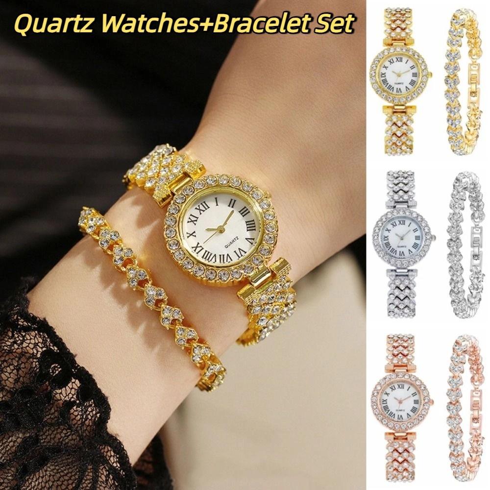 Luxury Women's Wristwatch Silver Watch Bracelet Set Trendy Rhinestone Quartz Watches  Festival Gift