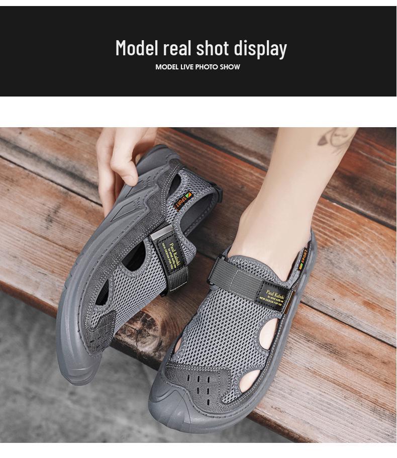 Men's 2024 Summer Genuine Leather Mesh Sandals - Breathable Soft Sole Casual Beach Shoes