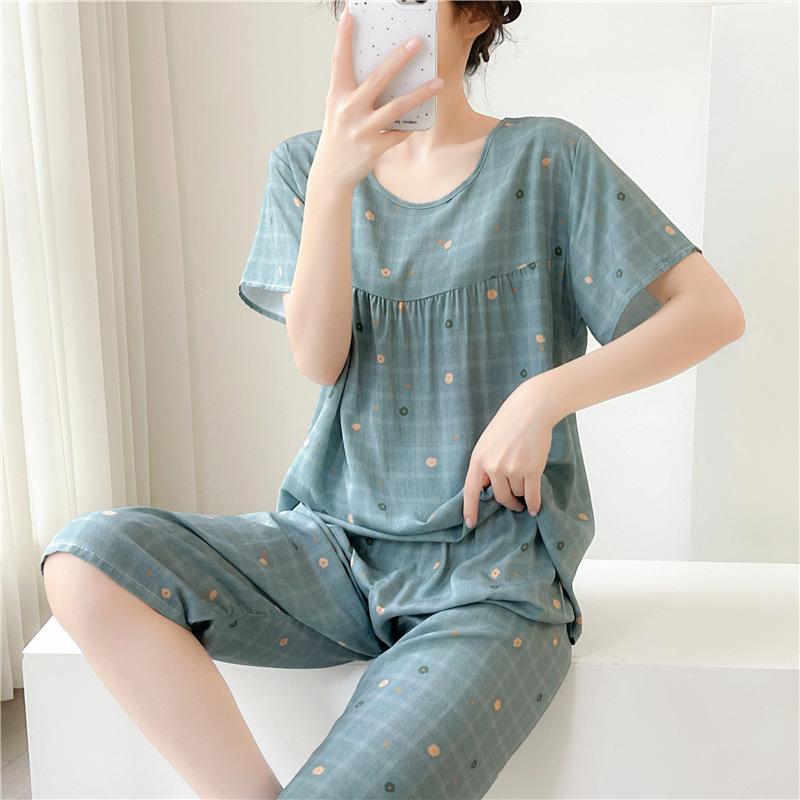 1011 Spring and Autumn Short Sleeve New Printed Pajama Set Summer Thin Sweet Floral Loose Loungewear