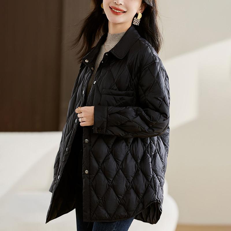 Light Down Jacket Women's Medium and Long Autumn and Winter Rhombus Shirt Collar New Autumn and Winter Fashion Coat