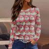 Women's Fashion Casual Slit Hem Round Neck Long Sleeve Loose  Printed T-Shirt Ladies Top