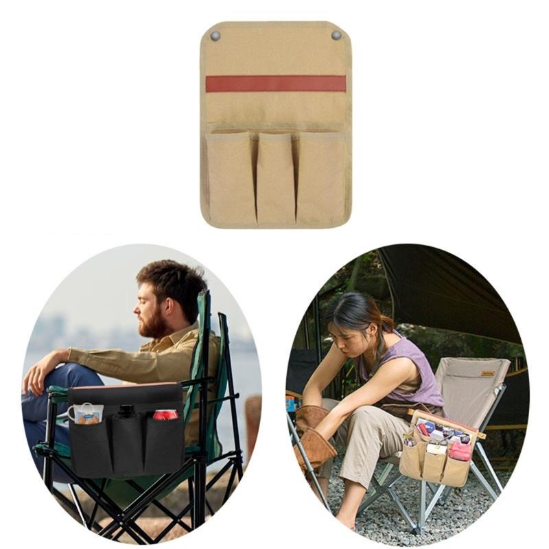 Outdoor Seat Organizers Bag with Triple Pockets Canvas Texture Effortlessly Attachments Foldable for Travel Storage