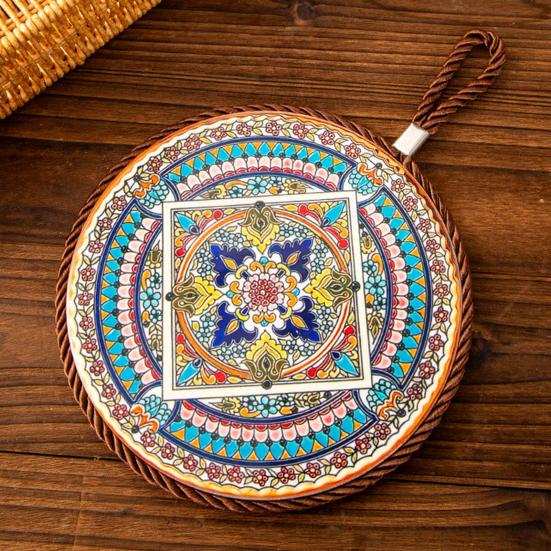 Decorative Heat Mat Vintage Ceramic Trivet, Resistant Pot Holder for Casserole Enamel Elegant Dining Placemat Cookware, Traditional Table Hot Dishes,