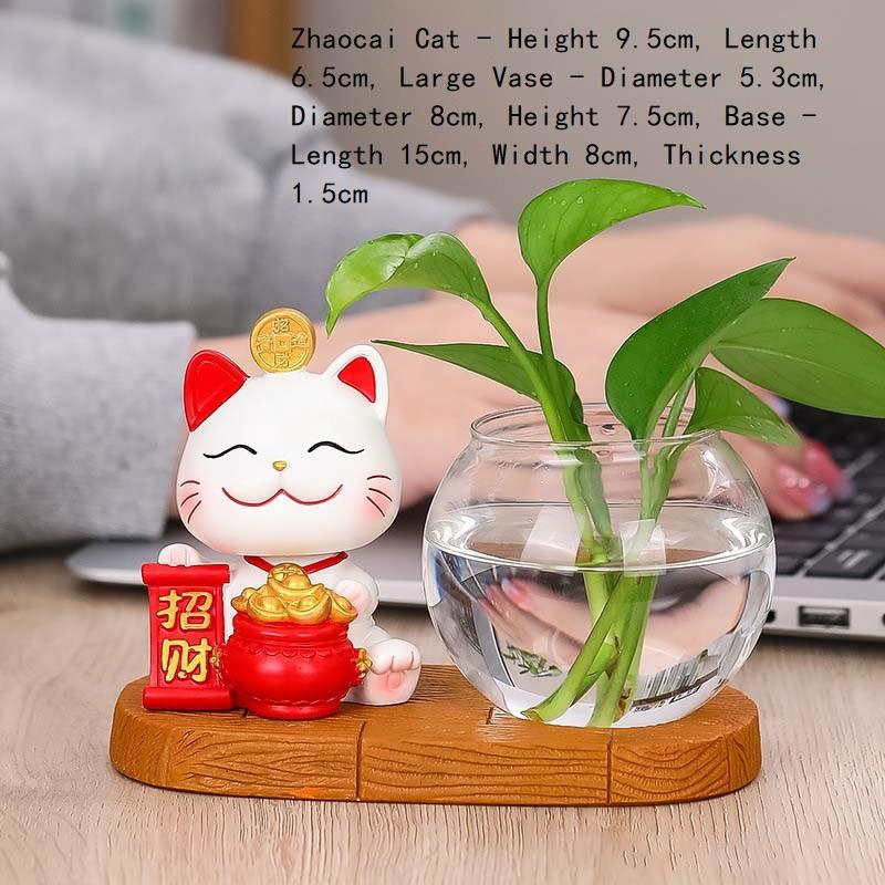 Zhaocai Cat Hydroponic Creative Vase Utensils Vase Living Room Office Desktop Decoration Zhaocai Cat Green Rose Hydroponic