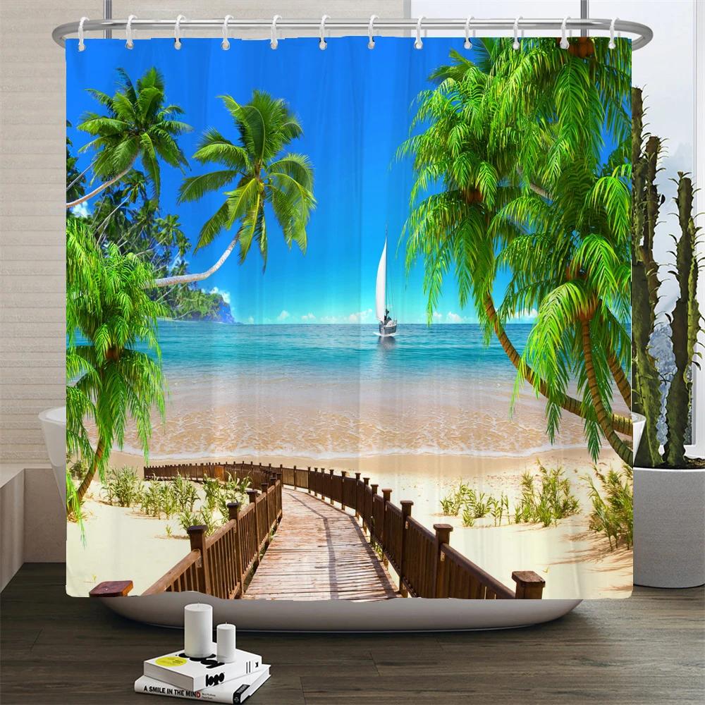 Waterproof Shower Curtain For Bathroom Sunny Sea Beach landscape Print Bathtub Curtains Polyester Bathroom Curtain with 12 Hooks