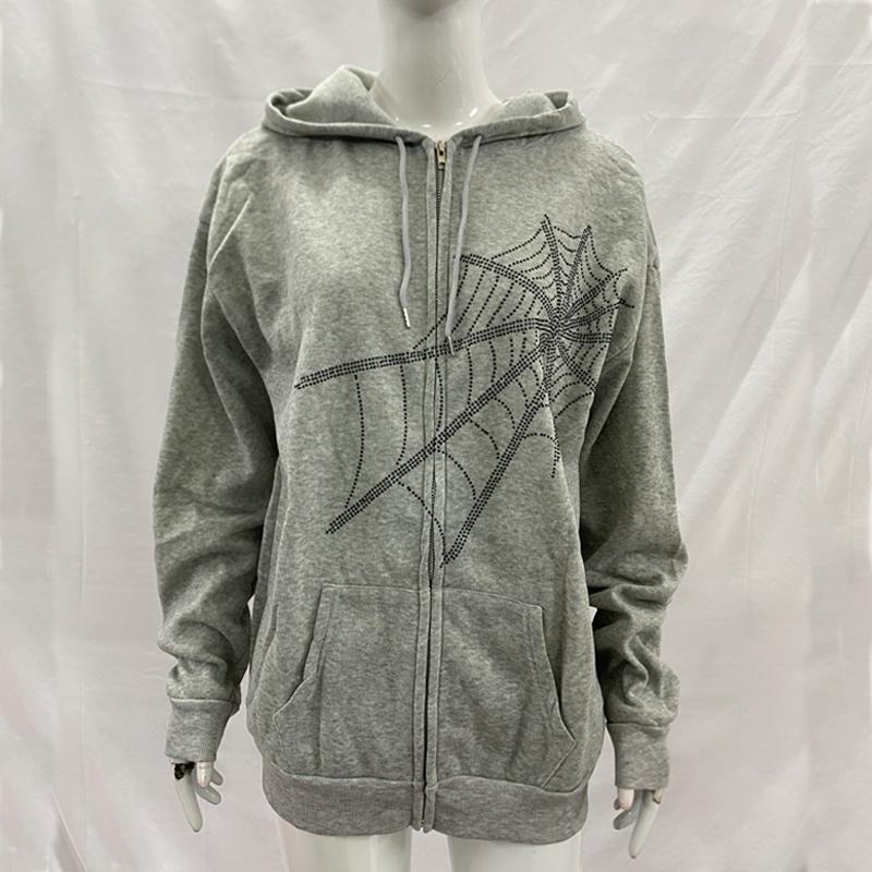 Gothic Punk Spider Web Hooded Women Fairy Grunge Dark Academia Jacket Coat Harajuku Outwear Zipper Sweatshirts Emo Alt Clothing