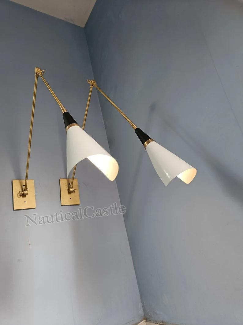 

Handmade Brass Wall Lamp: Mid-Century Modern Sconce, White Shade білий