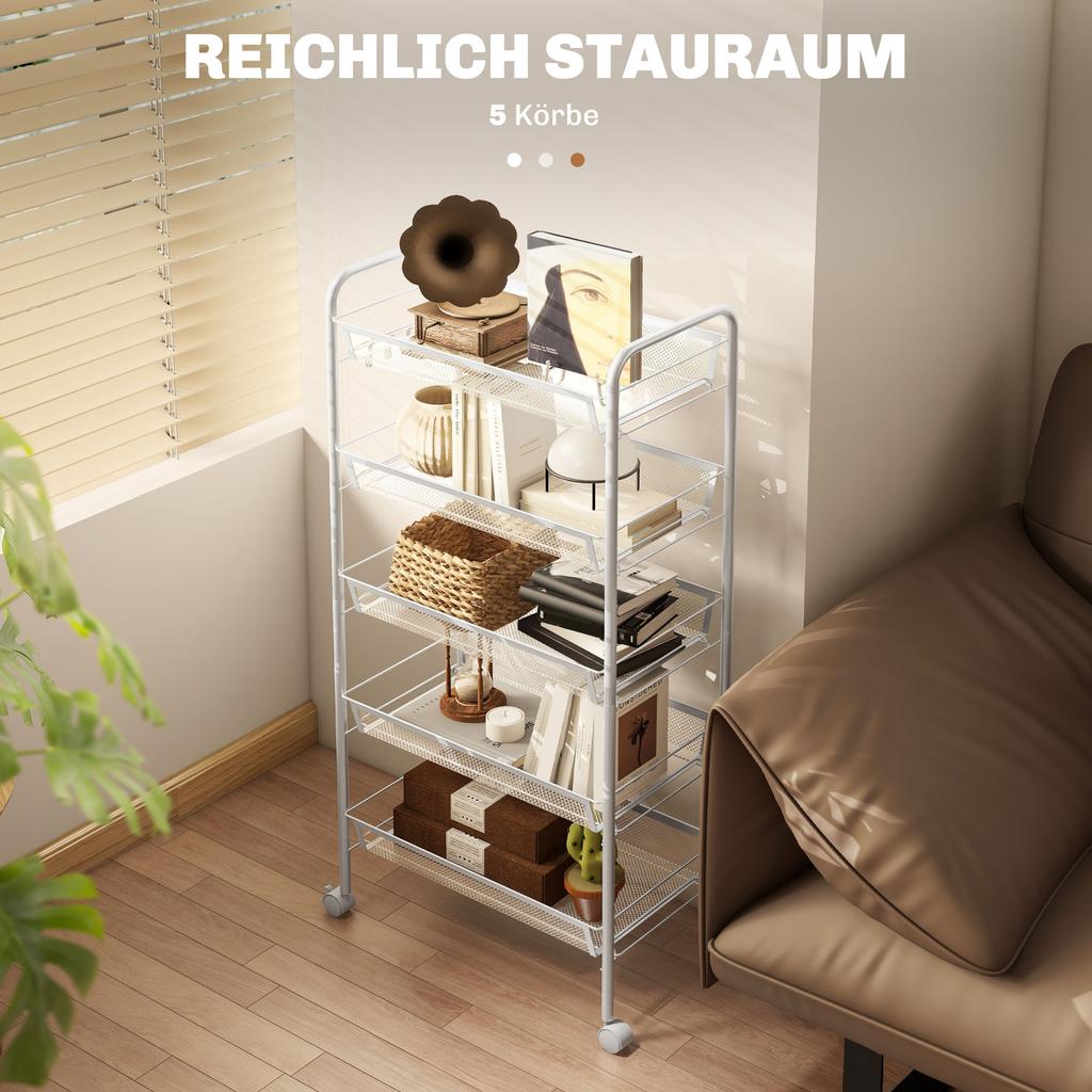Five-Steel Mesh Basket Storage Trolley, with Wheels - White