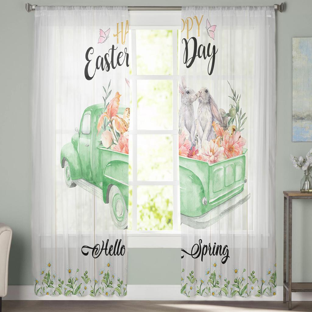 Camion Iepuraș de Paște Flori Margarete Perdele Tulle Pentru Living Bucătărie Perdea Voal Transparent Panouri Fereastră Dormitor