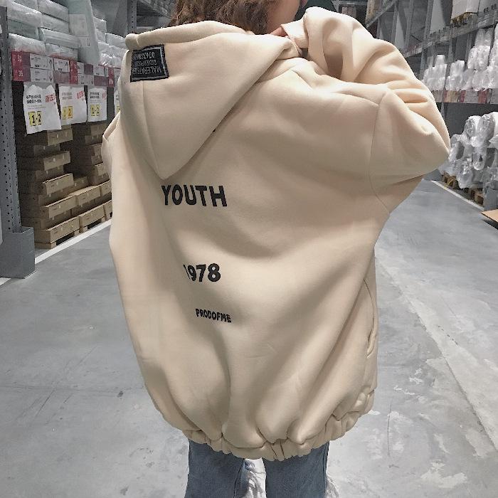 2020 Korean Style Thick Fleece-Lined Hooded Zip-Up Mid-Length Sweatshirt Jacket for Women