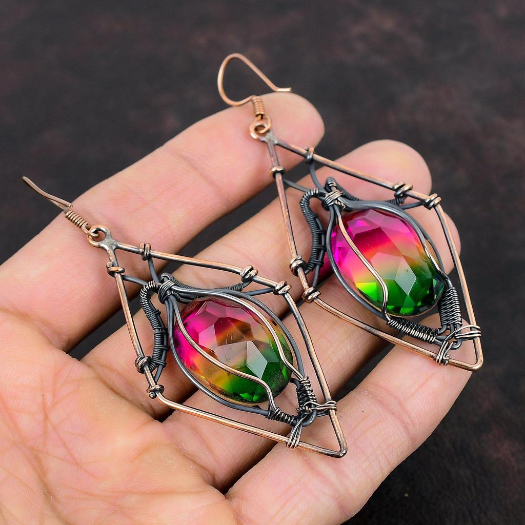 Cercei fațetați cu turmalină multiplă Cercei înveliți cu sârmă de cupru Cercei cu pietre prețioase Bijuterii din cupru Cercei lucrați manual Bijuterii învelite cu sârmă pentru cadou