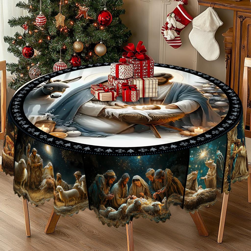 Christmas Vintage Farmhouse Tablecloth with Santa, Reindeer & Xmas Tree Prints. Rectangular & Round Sizes for Xmas/New Year Parties, Kitchen, Indoor &
