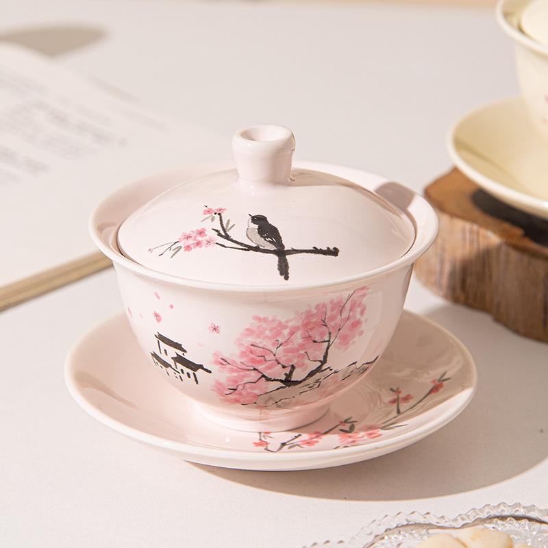 Peach Blossom Cover Bowl Kung Fu Tea Cover Bowl Tea Office Tea Cup Ceramic Single Flower Tea Bowl Gift Souvenir