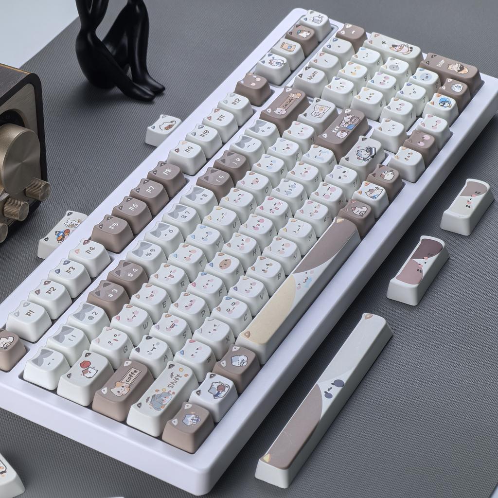MAIMOOO Mao Katze Tastenkappe Siamkatze Braune Tastenkappen PBT Farbsublimiert 140 Tasten Niedlich Aulaf75 DIY Weiße Tastatur Tastenkappe