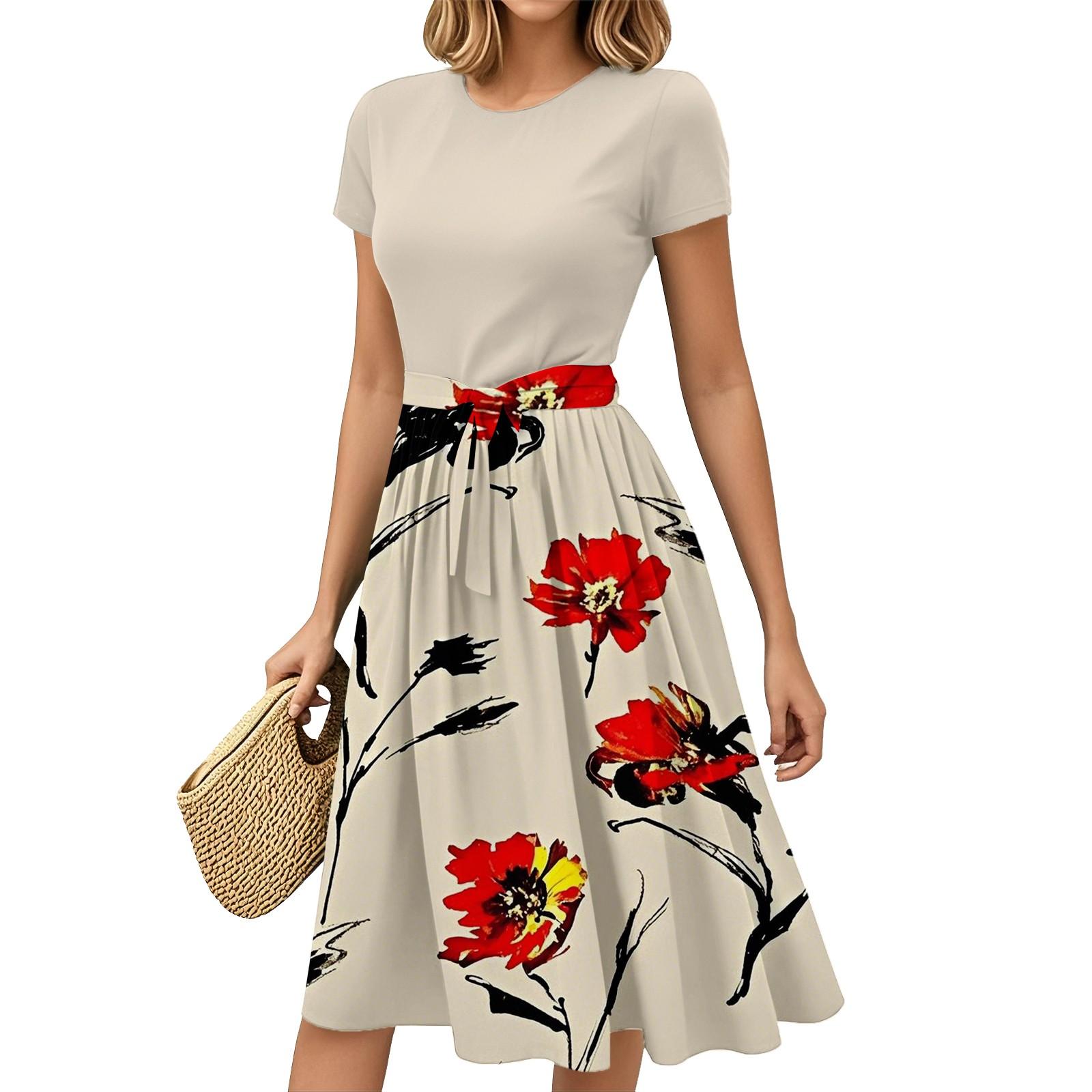 

Женская мода Повседневный пояс С коротким рукавом Круглый вырез Геометрический принт Сплайсинг Элегантные платья с темпераментом XXL красный