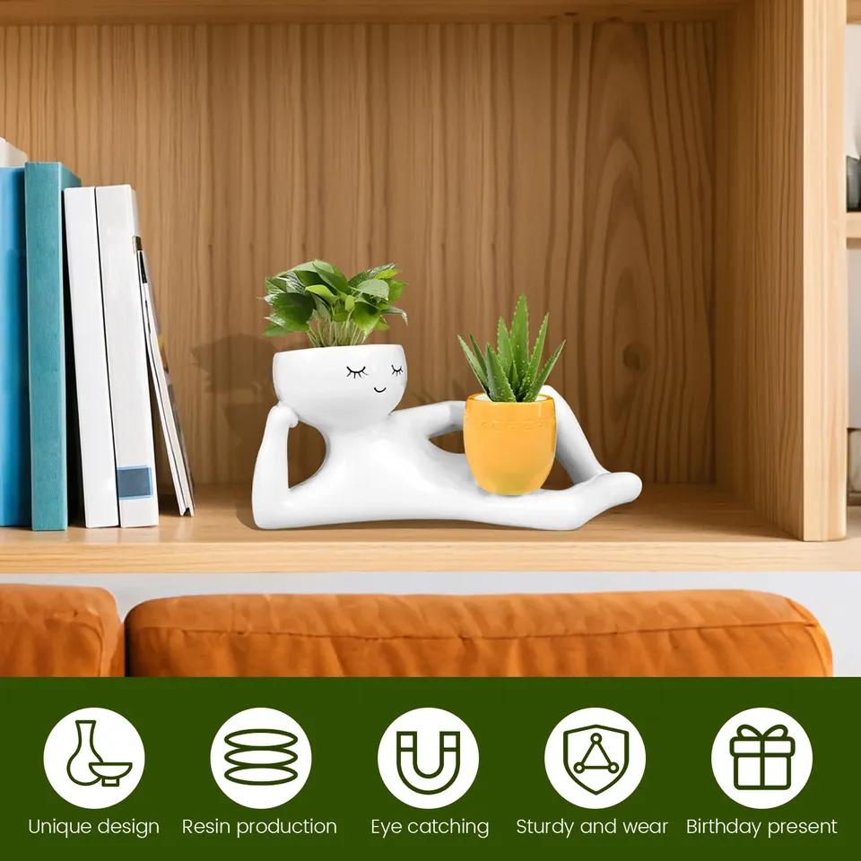 Lazy Guy Resin Funny Planter Pot with Drainage Holes Desktop Creative Crafts Ornaments Garden Greenery Vase Container