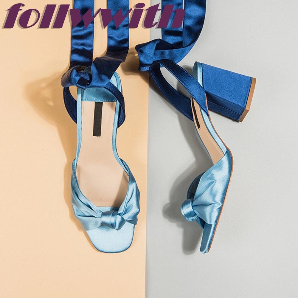 Silk Knot Lace Up Sandals Cross Tied Ankle Wrap Chunky Heel Concise Round Toe Party 2025 New Arrival Summer Woman Shoes