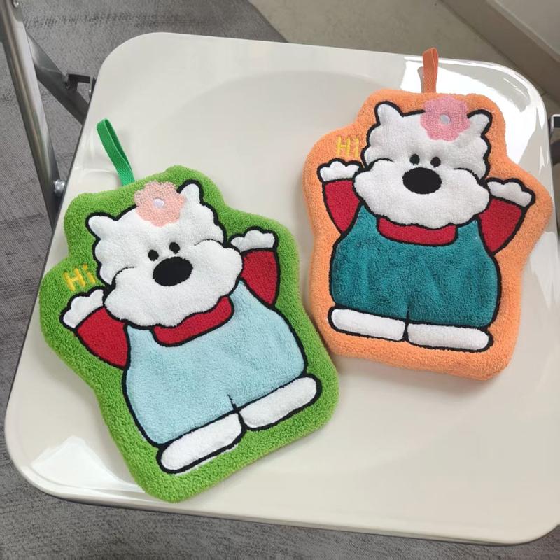 Cute Puppy Hand Towel Quick Drying Kitchen Cleaning Rag Coral Velvet Cartoon Animal Absorbent Bathroom Hanging Towel