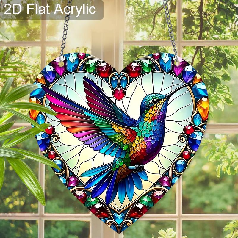 Acrylic Heart-Shaped Hummingbird Suncatcher, Stained Glass Style Window Hanging Ornament for Bird and Colorful Art Lovers