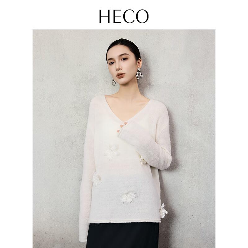 HECO Star Flower Embroidered V-Neck Wool Blend Knit Sweater