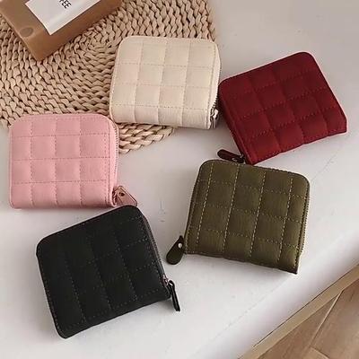 Women Short Wallets PU Leather Female Purse Plaid Cardholder Small Zipper Wallet KTY