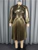Elegant Gold A Line Pleated Dress Half High Neck Long Lantern Sleeve Casual Office Wear Midi Dress Women Vintage Party Outfits
